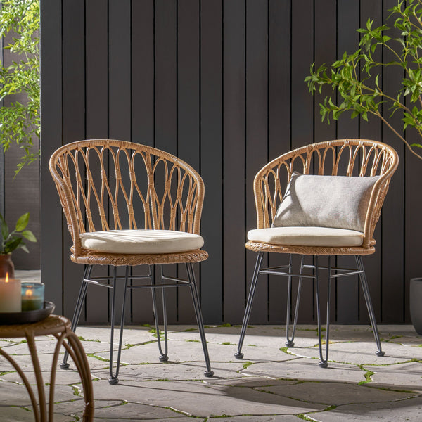 English Elm Christopher Knight Home® - TAVON Wicker Dining Chairs 2-Pack with Cushions, Light Brown PE Rattan, Hairpin Legs, Weather-Resistant Finish 71397.00