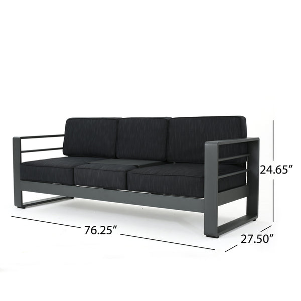 English Elm Christopher Knight Home® - CAPE modern 3-seater outdoor sofa with aluminum frame, convertible tray table, water-resistant cushions DARK GREY 58981.00CUSGRY