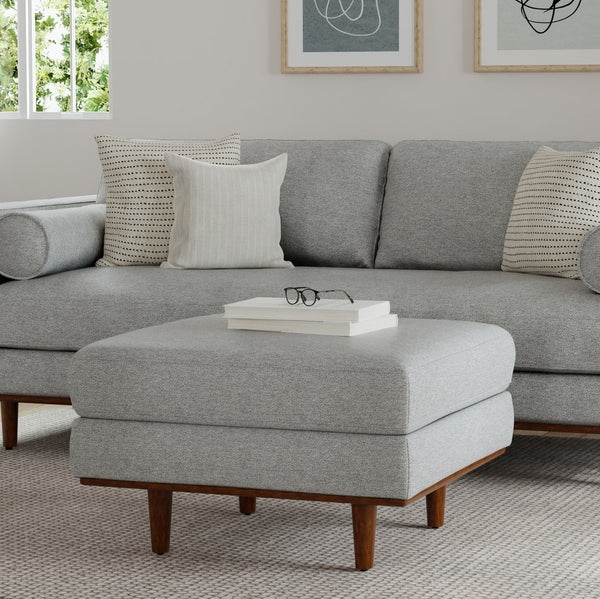 English Elm Morrison Ottoman: Handcrafted Mist Grey Mid-Century Modern Design For Versatile Comfort & Style B136P159951