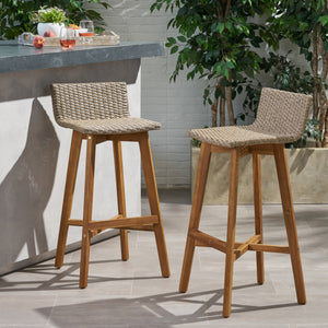 English Elm Christopher Knight Home® - LA La Brea Acacia Wood & Wicker Barstool Set of 2 — Outdoor Faux Rattan Seats with Iron X-Stretcher Frame Brown 65431.00LBRN