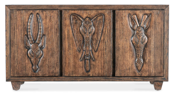 Hooker Furniture Commerce Safari Credenza With Distressed Pine & Carved Animal Motifs, Tv Console Storage W/ Cable Management (69") 7228-85099-85