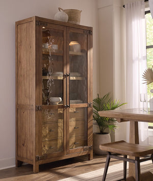 Hooker Furniture Vineyard Pecky Hickory Display Cabinet With Seeded Glass, Two-Tone Finish, Soft-Close Drawers & Lighting 6952-75906-85