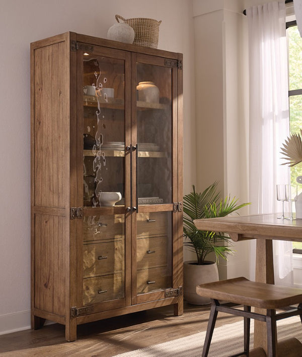 Hooker Furniture Vineyard Pecky Hickory Display Cabinet With Seeded Glass, Two-Tone Finish, Soft-Close Drawers & Lighting 6952-75906-85