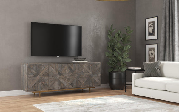 Hooker Furniture Commerce Mango Wood Credenza With Layered Textured Doors, Gold Base & Antique Brass Pulls For Stylish Storage And Media Organizing 7228-85018-89