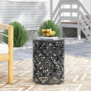 English Elm Outdoor Iron Accent Table Laser Cut Floral Cylinder Design for Patio or Balcony Black 73605.00BLK