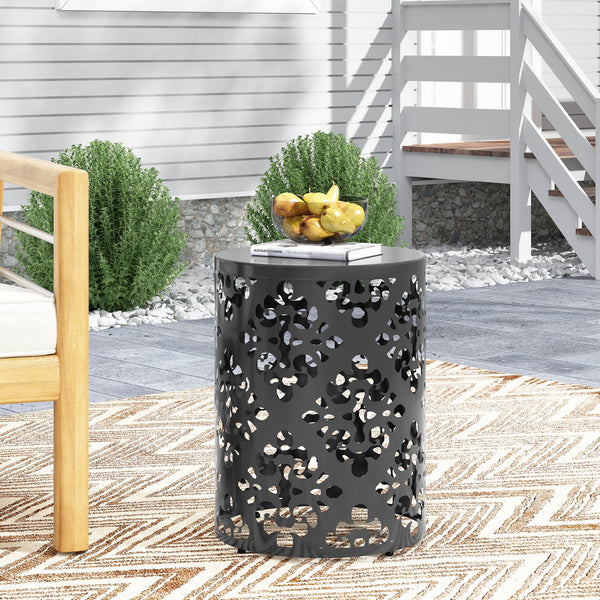 English Elm Outdoor Iron Accent Table Laser Cut Floral Cylinder Design for Patio or Balcony Black 73605.00BLK