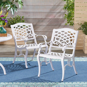 English Elm Phoenix Cast Aluminum Outdoor Dining Arm Chairs Ornate Lattice Scroll Garden Set White 54589.00WHI