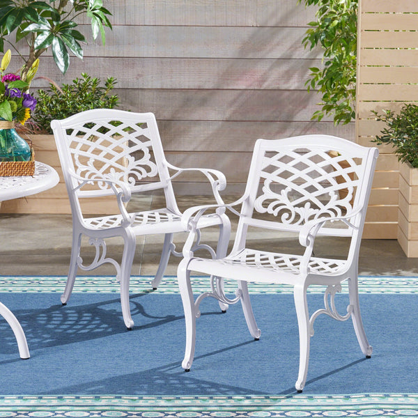 English Elm Phoenix Cast Aluminum Outdoor Dining Arm Chairs Ornate Lattice Scroll Garden Set White 54589.00WHI