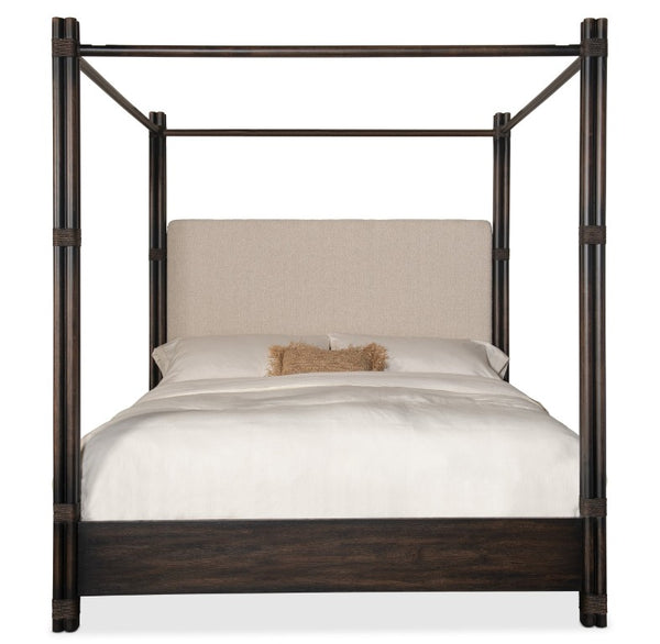 Hooker Furniture Retreat Cal King Upholstered Poster Bed With Canopy, Neo Cream Headboard, Rattan Pole & Distressed Oak Finish 6950-90460-99