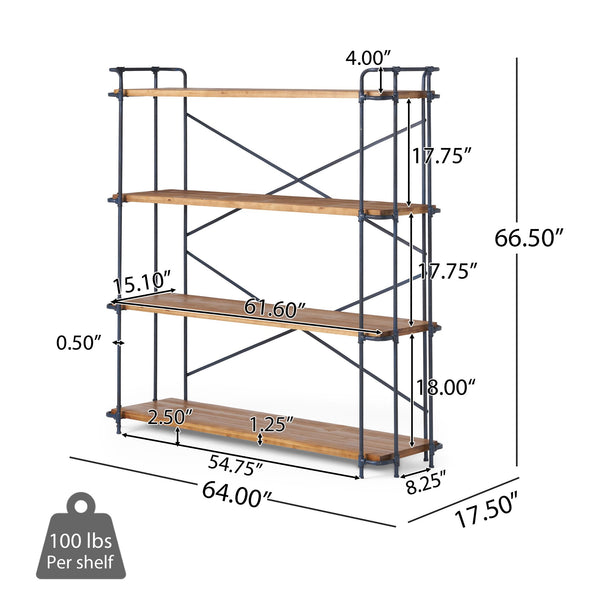 English Elm Christopher Knight Home® - YORKTOWN Industrial 4-Shelf Bookcase in Natural Wood & Black Frame — Sturdy Fir Shelves, Etagere Display 56501.00