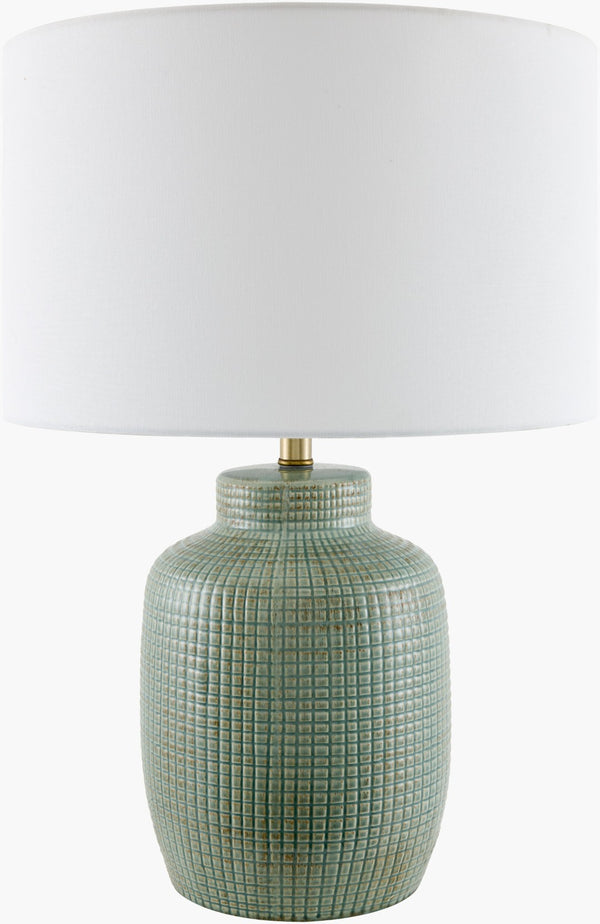 Surya Brie Ceramic Table Lamp with Linen Shade Vintage Iron Finial Cottage Bedside Accent ERB-004