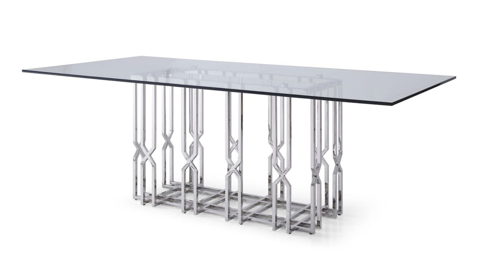 VIG Furniture Ericson Clear Tempered Glass Dining Table With Angular Chrome Stainless Steel Grid Base, Seats 6 VGVCT1980-22-GRY-DT