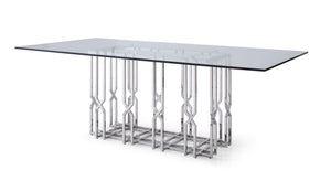 VIG Furniture Ericson Clear Tempered Glass Dining Table With Angular Chrome Stainless Steel Grid Base, Seats 6 VGVCT1980-22-GRY-DT