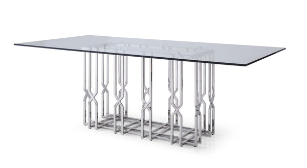 VIG Furniture Ericson Clear Tempered Glass Dining Table With Angular Chrome Stainless Steel Grid Base, Seats 6 VGVCT1980-22-GRY-DT