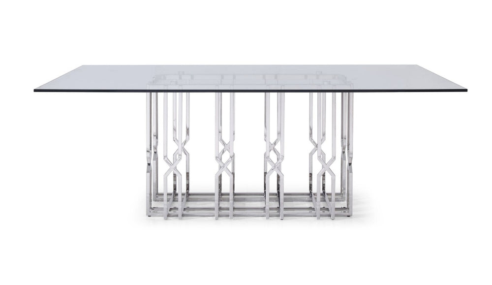 VIG Furniture Ericson Clear Tempered Glass Dining Table With Angular Chrome Stainless Steel Grid Base, Seats 6 VGVCT1980-22-GRY-DT
