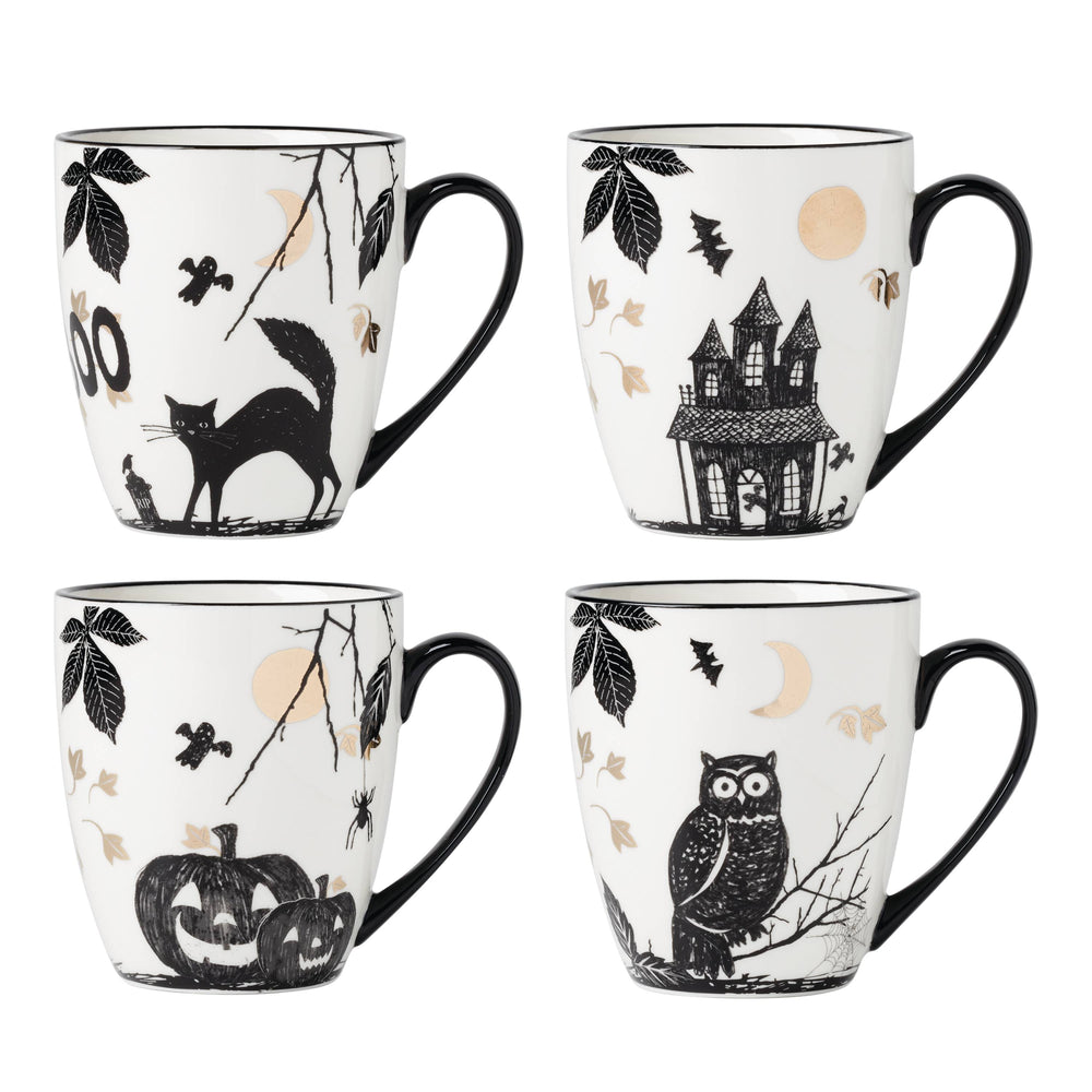 Lenox Vintage Haunted Halloween Mugs, Set of 4, Assorted Multi, WHITE PORCELAIN 896925