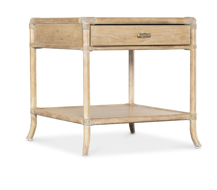 Hooker Furniture Retreat Coastal Pole Rattan End Table With Rope-Wrapped Joints, Dune Oak Veneer, Drawer & Shelf 6950-80213-80
