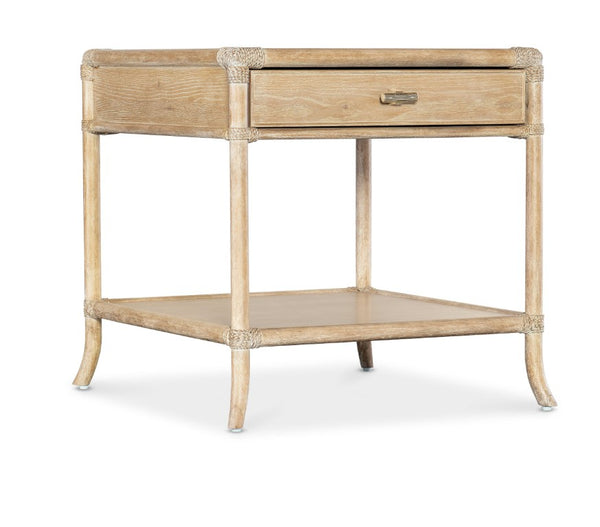 Hooker Furniture Retreat Coastal Pole Rattan End Table With Rope-Wrapped Joints, Dune Oak Veneer, Drawer & Shelf 6950-80213-80