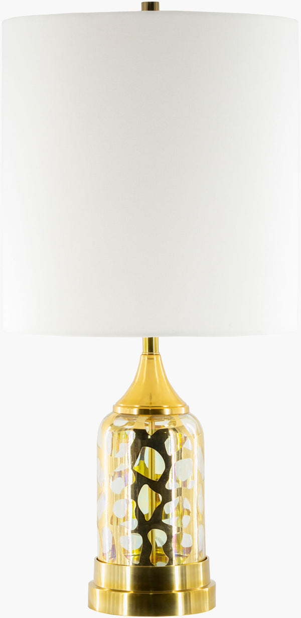 Surya Ellerman Elegant 34" Accent Table Lamp - Glass Body, Linen Shade, Metal Base For Stylish Illumination Body, Gold,Base, Gold,Shade, White,Finial, Gold,Harp, Metallic ,Gold,Cord, Translucent Glass,Iron,Linen,Cotton,Aluminum Erm-001