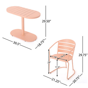 English Elm Santa Monica Outdoor Bistro Set Powder Coated Iron Oval Table Two Slat Chairs Patio Coral 62015.00CRL