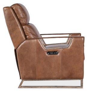 Hooker Furniture Relic Taupe Semi-Aniline Leather Power Recliner With Usb, Adjustable Headrest, Bustle Back & Wood Base Brown RC810-PH-082