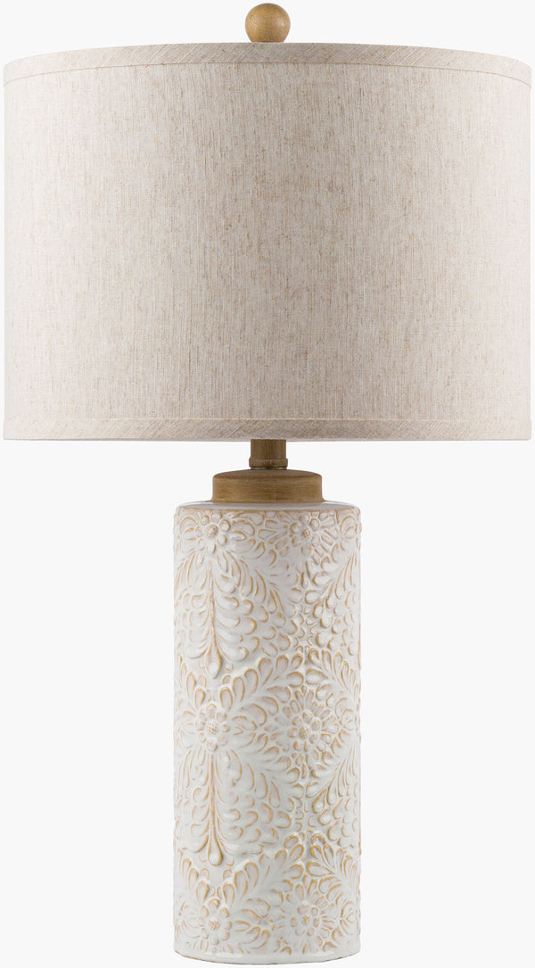 Surya Esben 26" Traditional Ceramic Accent Table Lamp - Warm Glow, Easy Care, Stylish Home Illumination Body, Ivory,Shade (Outside), Beige,Shade (Inside), White,Finial, Beige,Harp, Metallic ,Nickel,Cord, Translucent Ceramic,Linen,Polyester,Plastic Esb-001