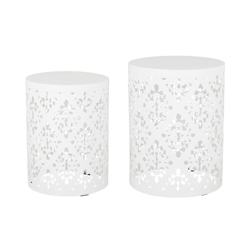 English Elm Metal Nesting End Table Set of Two with Floral Iron Cut Design for Living Room White 73604.00WHI