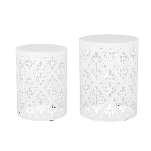 English Elm Metal Nesting End Table Set of Two with Floral Iron Cut Design for Living Room White 73604.00WHI