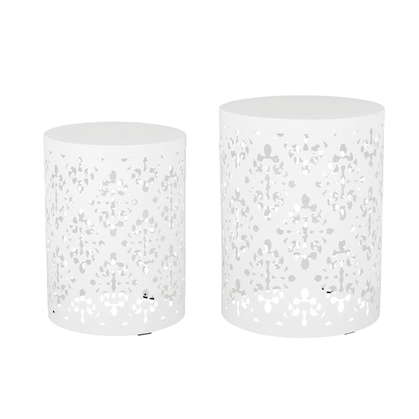English Elm Metal Nesting End Table Set of Two with Floral Iron Cut Design for Living Room White 73604.00WHI