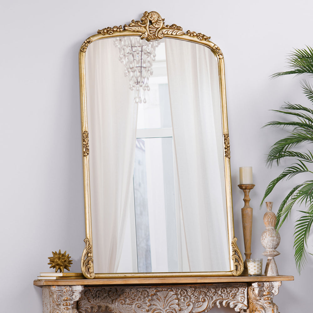 English Elm Christopher Knight Home® - OVERMANTLE Handcrafted Antique Gold Over Mantle Mirror with Carved Frame, Tempered Glass, 58"H 71466.00