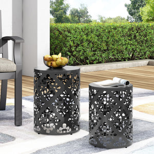 English Elm Metal Nesting End Table Set of Two with Floral Iron Cut Design for Living Room Black 73604.00BLK