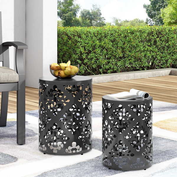 English Elm Metal Nesting End Table Set of Two with Floral Iron Cut Design for Living Room Black 73604.00BLK
