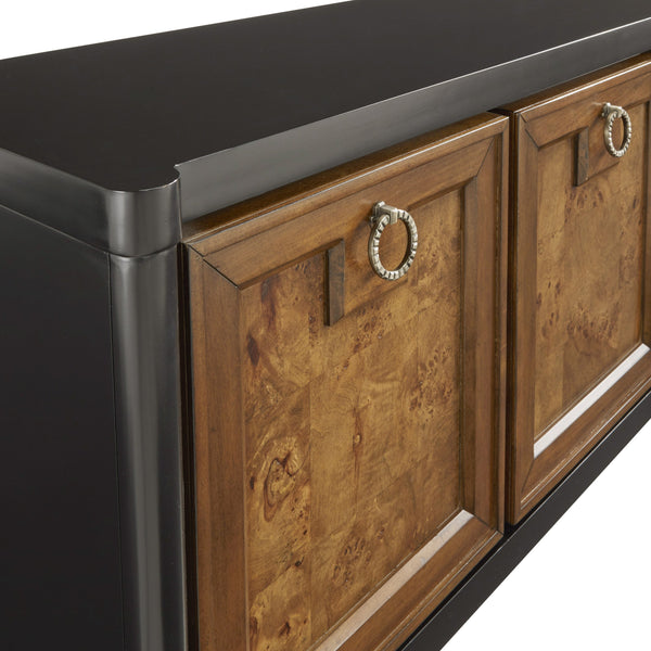 Pulaski Furniture 4-door Mid-century Modern Console With Elegant Mapa Burl Doors, Versatile Storage & Stylish Design Black Mapa Burl P301794-pulaski