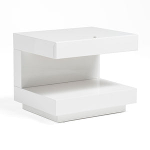 VIG Furniture Esso Nightstand With Glossy White Lacquer, C-Shaped Minimalist Design, Hidden Drawer & Led Light VGWCC521B