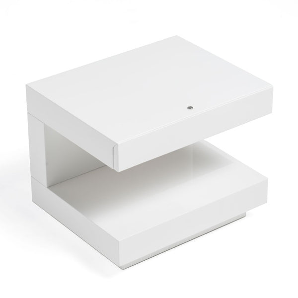 VIG Furniture Esso Nightstand With Glossy White Lacquer, C-Shaped Minimalist Design, Hidden Drawer & Led Light VGWCC521B