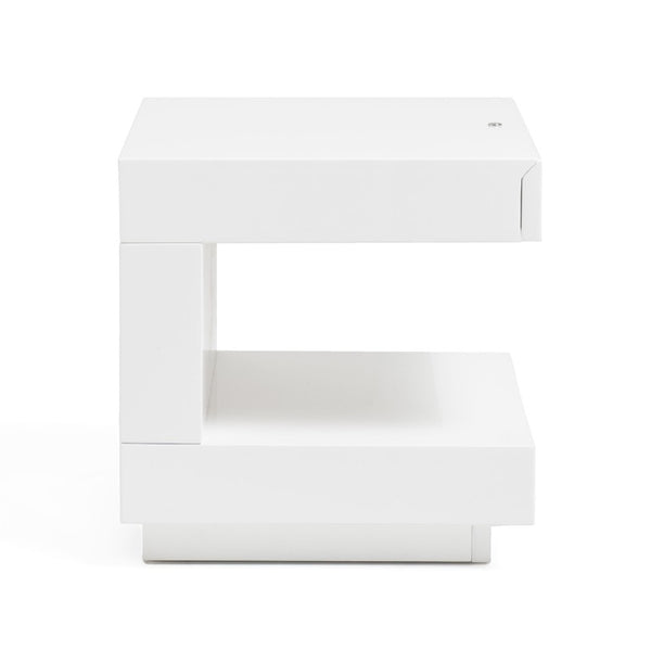 VIG Furniture Esso Nightstand With Glossy White Lacquer, C-Shaped Minimalist Design, Hidden Drawer & Led Light VGWCC521B