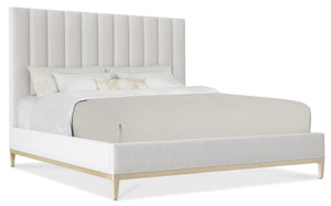 Hooker Furniture Cascade Queen Upholstered Bed With Channeled Headboard, Wolf Pearl Fabric & Terrain Oak Base 88.75 L x 81.25W x 62.00H 6120-90366-80