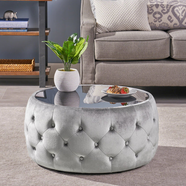 English Elm Ottoman Round Velvet Tufted Diamond Stitch Glass Top Modern Glam Living Room Accent 62732.00SMOK