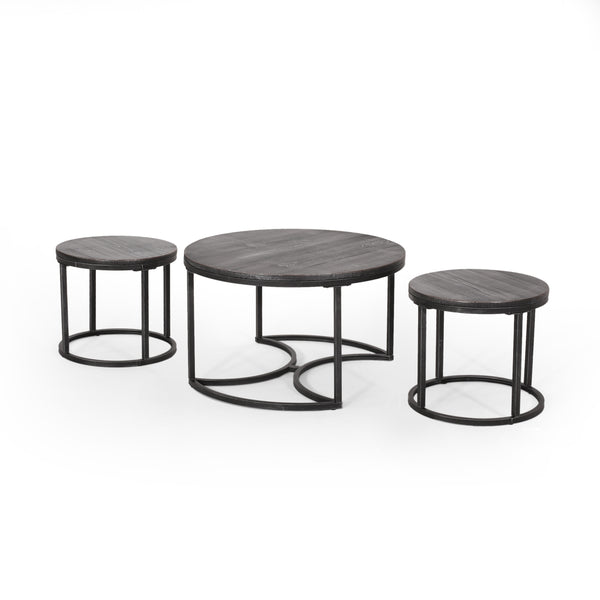 English Elm Christopher Knight Home® - COFFEE Modern Industrial Nesting Table Set — Wire‑Brushed Firwood Tops with Sturdy Iron Frame Durable Style Black+Silver 67141.00