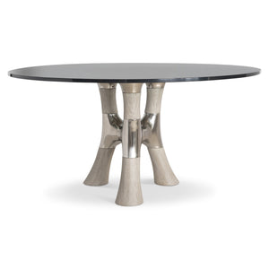 Bernhardt Dalton 60" Modern Faux Bois Dining Table With Glass Top And Stylish Hammered Metal Base Design Greige, Bronze Metal, Glass K2010