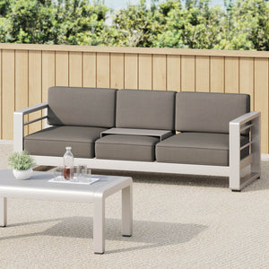 English Elm Christopher Knight Home® - CAPE modern 3-seater outdoor sofa with aluminum frame, convertible tray table, water-resistant cushions Gray 58981.00CUS