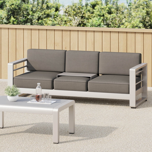 English Elm Christopher Knight Home® - CAPE modern 3-seater outdoor sofa with aluminum frame, convertible tray table, water-resistant cushions Gray 58981.00CUS