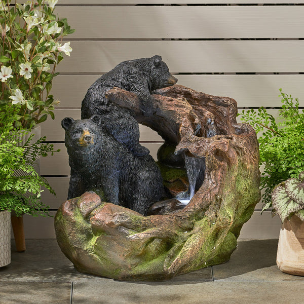 English Elm Christopher Knight Home® - 22.0" Weather-Resistant DATONA Fountain with Bears on Log, Underwater Lights & Pump for Patio Serenity 71778.00LBLK
