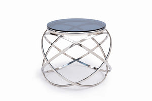 VIG Furniture Tulare Smoked Glass End Table With Barrel Silhouette & Brushed Stainless Steel Base, 22" Square VGVCET829