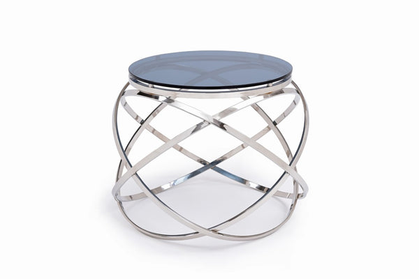 VIG Furniture Tulare Smoked Glass End Table With Barrel Silhouette & Brushed Stainless Steel Base, 22" Square VGVCET829