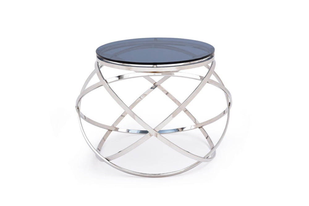 VIG Furniture Tulare Smoked Glass End Table With Barrel Silhouette & Brushed Stainless Steel Base, 22" Square VGVCET829