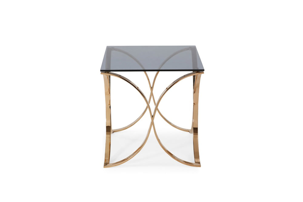VIG Furniture Reklaw Smoked Glass End Table With Rosegold X-Base, 24" Square Tempered Top, Modern Glam Accent VGVCET836