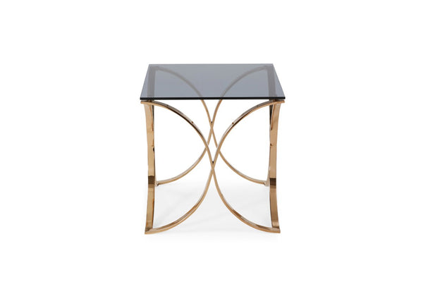 VIG Furniture Reklaw Smoked Glass End Table With Rosegold X-Base, 24" Square Tempered Top, Modern Glam Accent VGVCET836