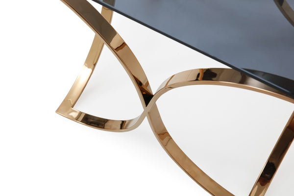 VIG Furniture Reklaw Smoked Glass End Table With Rosegold X-Base, 24" Square Tempered Top, Modern Glam Accent VGVCET836