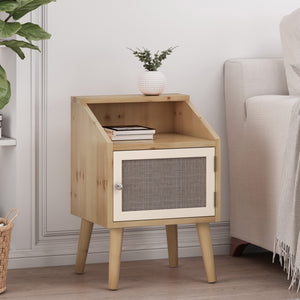 English Elm Christopher Knight Home® - END TABLE Natural & White Engineered Wood with Rattan Accents, Built-In Hutch & Tempered Glass Storage Side Table (24.25"H) 71101.00